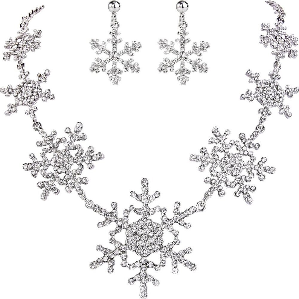 Silver-Tone Snowflake Austrian Crystal Bridal Necklace Earrings Set